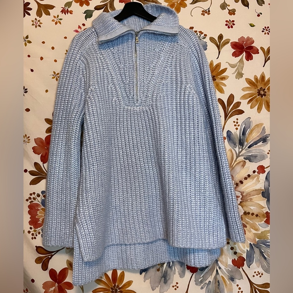Ann Taylor Womens L Powder Blue Thick Chunky Knit 1/4 Zip Tunic City Sweater